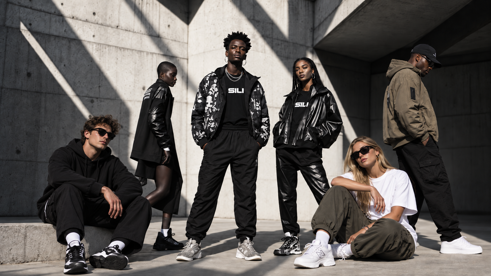 SILI editorial — six models in SILI streetwear against a sunlit concrete structure